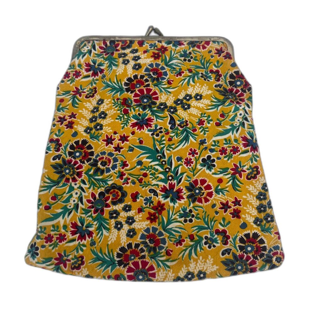 Metal Kiss Clasp Bright Floral Print Clutch Cottagecore Bag Vinyl Interior 8"